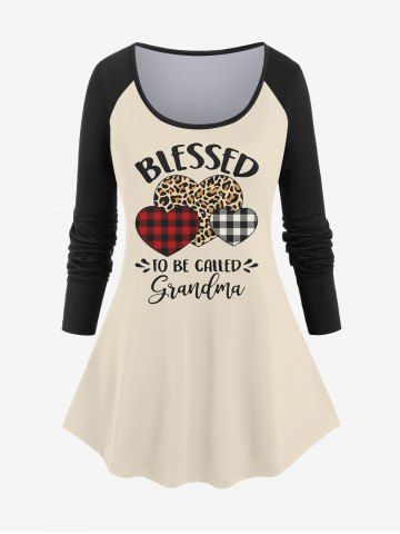 Plus Size Valentine's Day Plaid Leopard Heart Letters Print Long Sleeve T-shirt - LIGHT COFFEE - M