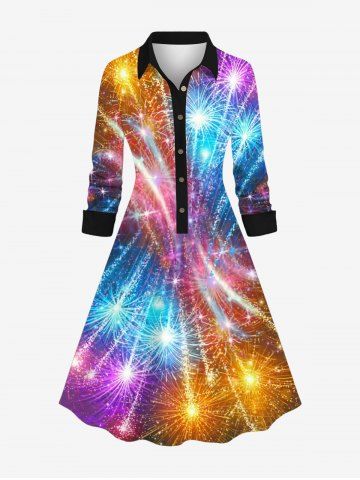 Plus Size New Year Colorful Fireworks Glitter Sparkling Sequin 3D Print Buttons Shirt Dress - MULTI-A - XS