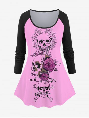 Plus Size Valentine's Day Skulls Rose Flowers Colorblock Print Long Sleeve T-shirt - LIGHT PINK - 2X