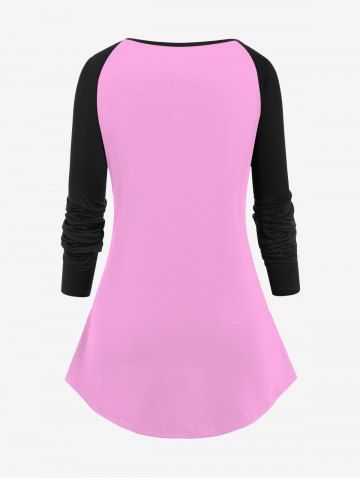 Plus Size Valentine's Day Skulls Rose Flowers Colorblock Print Long Sleeve T-shirt