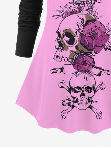 Plus Size Valentine's Day Skulls Rose Flowers Colorblock Print Long Sleeve T-shirt