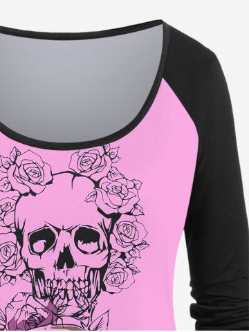 Plus Size Valentine's Day Skulls Rose Flowers Colorblock Print Long Sleeve T-shirt