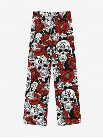 Pantalon de Survêtement à Imprimé Roses et Crâne avec Cordon de Serrage à la Main Style Gothique pour Hommes - RED - L