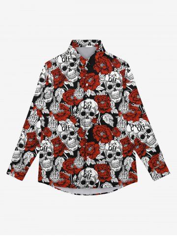 Gothic Flowers Skulls Skeleton Claw Print Button Down Shirt For Men - RED - L