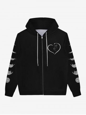 Gothic Cat Heart Print Valentines Pocket Zipper Drawstring Fleece Lining Hoodie For Men - BLACK - 6XL