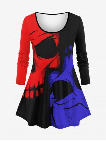 Plus Size Skulls Colorblock Print Long Sleeves T-shirt - RED - S