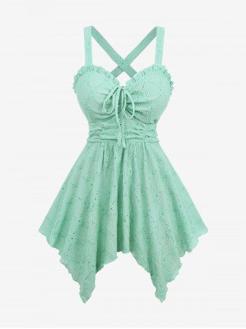Plus Size Cinched Hollow Out Embroidery Eyelet Ruffles Asymmetrical Crisscross Textured Tank Top - LIGHT GREEN - M | US 10