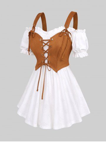 Plus Size Ruffles Hollow Out Ruched Knit Jacquard Grommets Lace Up Cold Shoulder 2 In 1 Renaissance Top