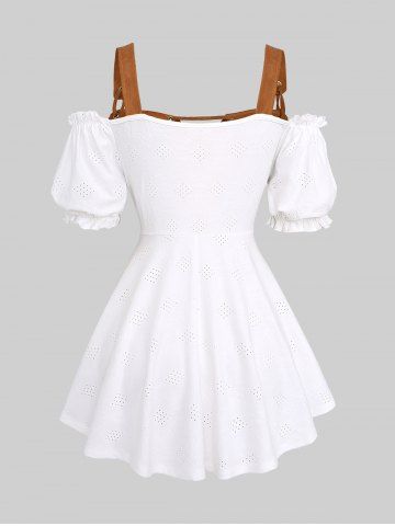 Plus Size Ruffles Hollow Out Ruched Knit Jacquard Grommets Lace Up Cold Shoulder 2 In 1 Renaissance Top