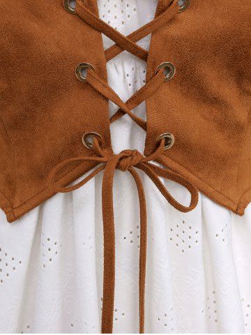 Plus Size Ruffles Hollow Out Ruched Knit Jacquard Grommets Lace Up Cold Shoulder 2 In 1 Renaissance Top