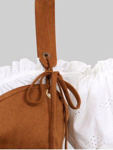 Plus Size Ruffles Hollow Out Ruched Knit Jacquard Grommets Lace Up Cold Shoulder 2 In 1 Renaissance Top