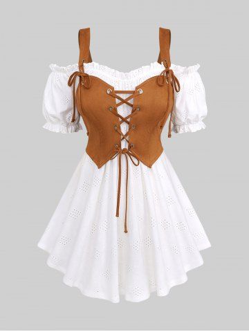 Plus Size Ruffles Hollow Out Ruched Knit Jacquard Grommets Lace Up Cold Shoulder 2 In 1 Renaissance Top - WHITE - 5X | US 30-32