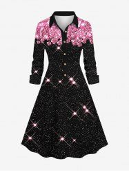 Plus Size Turn-down Collar Glitter Sparkling Galaxy Sequins Rhinestone Print Buttons A Line Shirted Party Dress -  