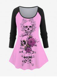 Plus Size Valentine's Day Skulls Rose Flowers Colorblock Print Long Sleeve T-shirt -  