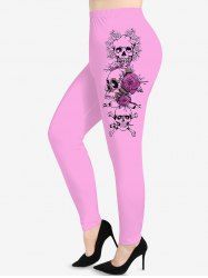 Plus Size Valentine's Day Skulls Rose Flowers Print Leggings -  