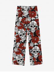 Gothic Skulls Skeleton Hand Rose Flower Letters Print Valentines Drawstring Wide Leg Sweatpants For Men -  