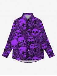 Gothic Valentine's Day Skulls Rose Flowers Print Button Down Shirt For Men -  