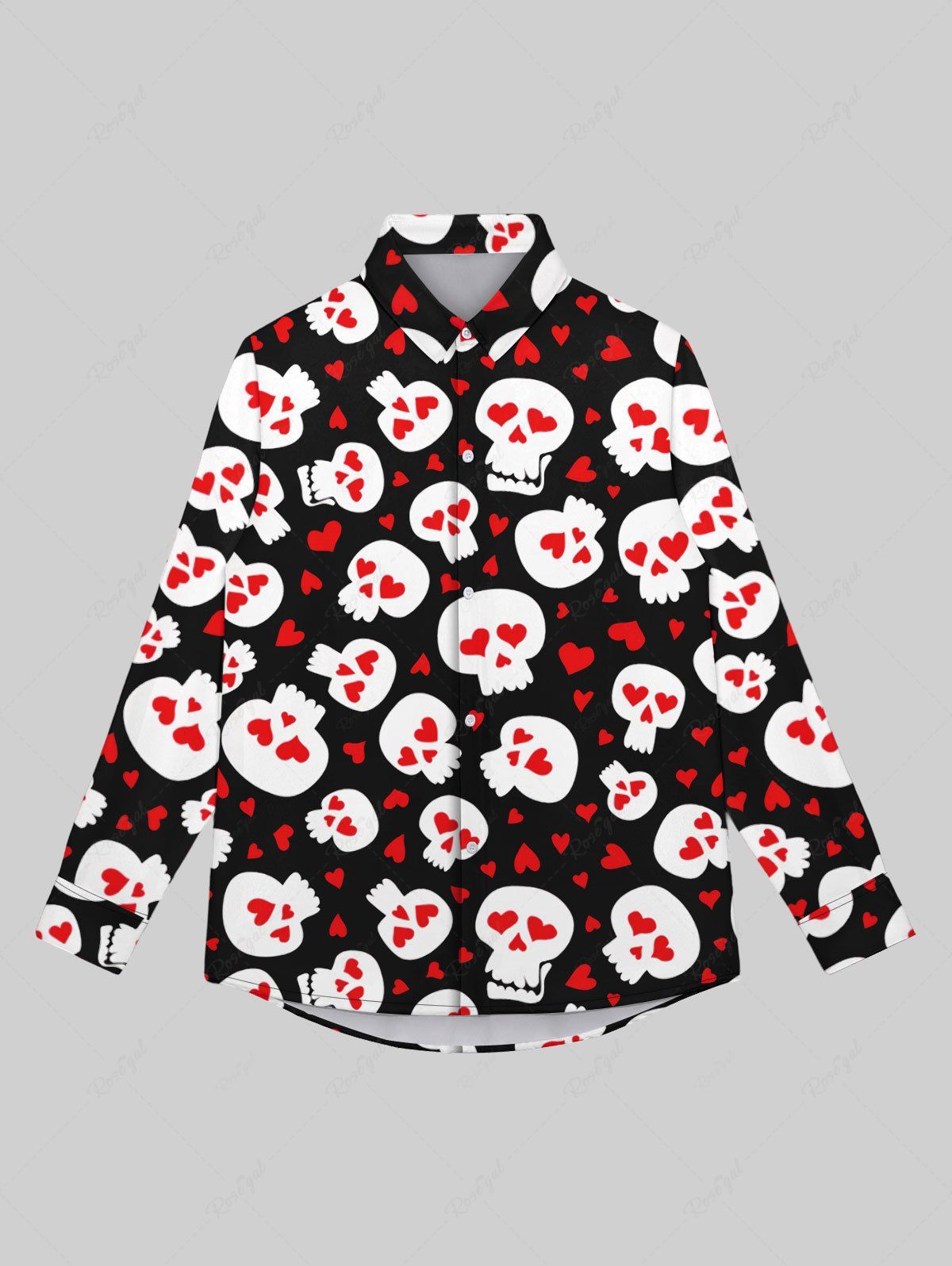 Hot Gothic Turn-down Collar Skulls Heart Print Valentines Buttons Shirt For Men  