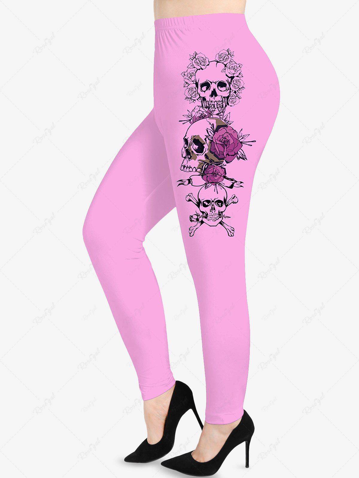 Online Plus Size Valentine's Day Skulls Rose Flowers Print Leggings  