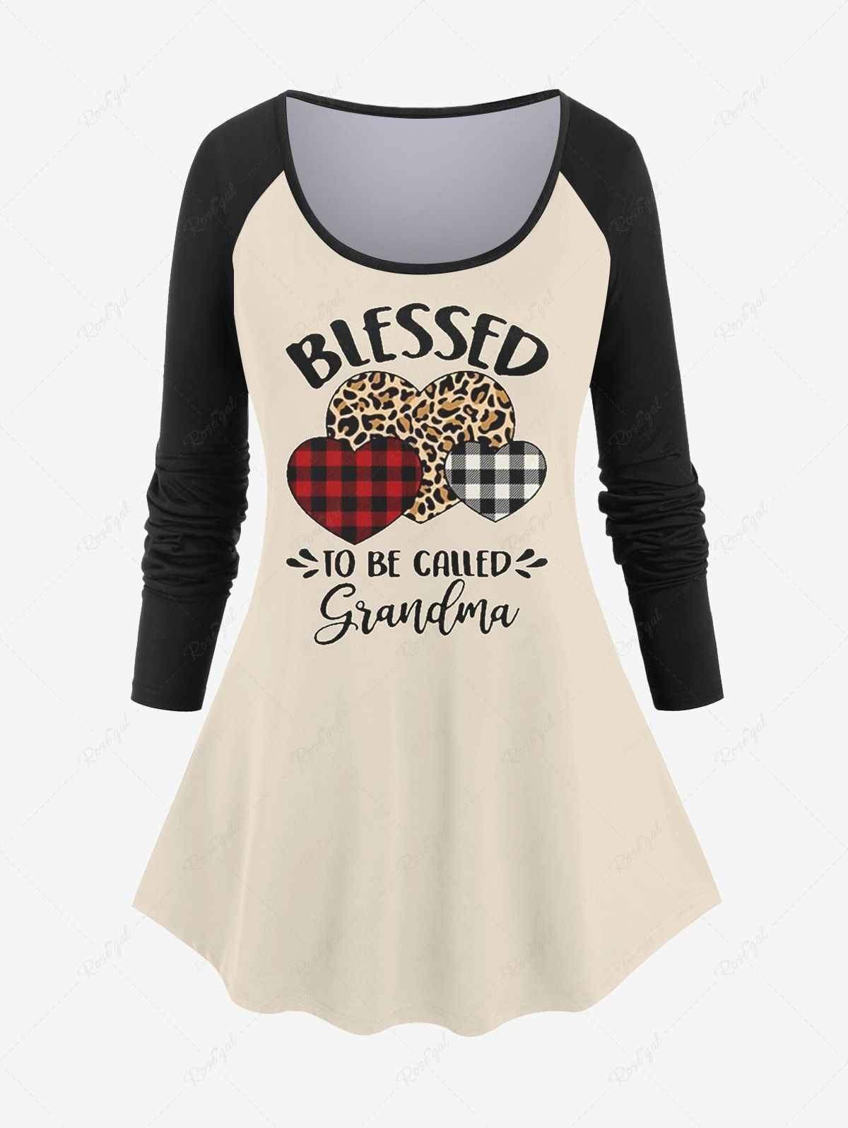 Chic Plus Size Valentine's Day Plaid Leopard Heart Letters Print Long Sleeve T-shirt  