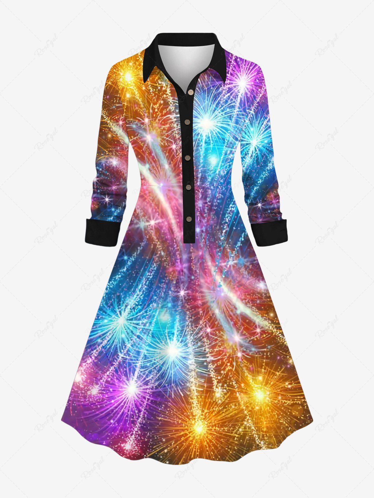 Shops Plus Size New Year Colorful Fireworks Glitter Sparkling Sequin 3D Print Buttons Shirt Dress  