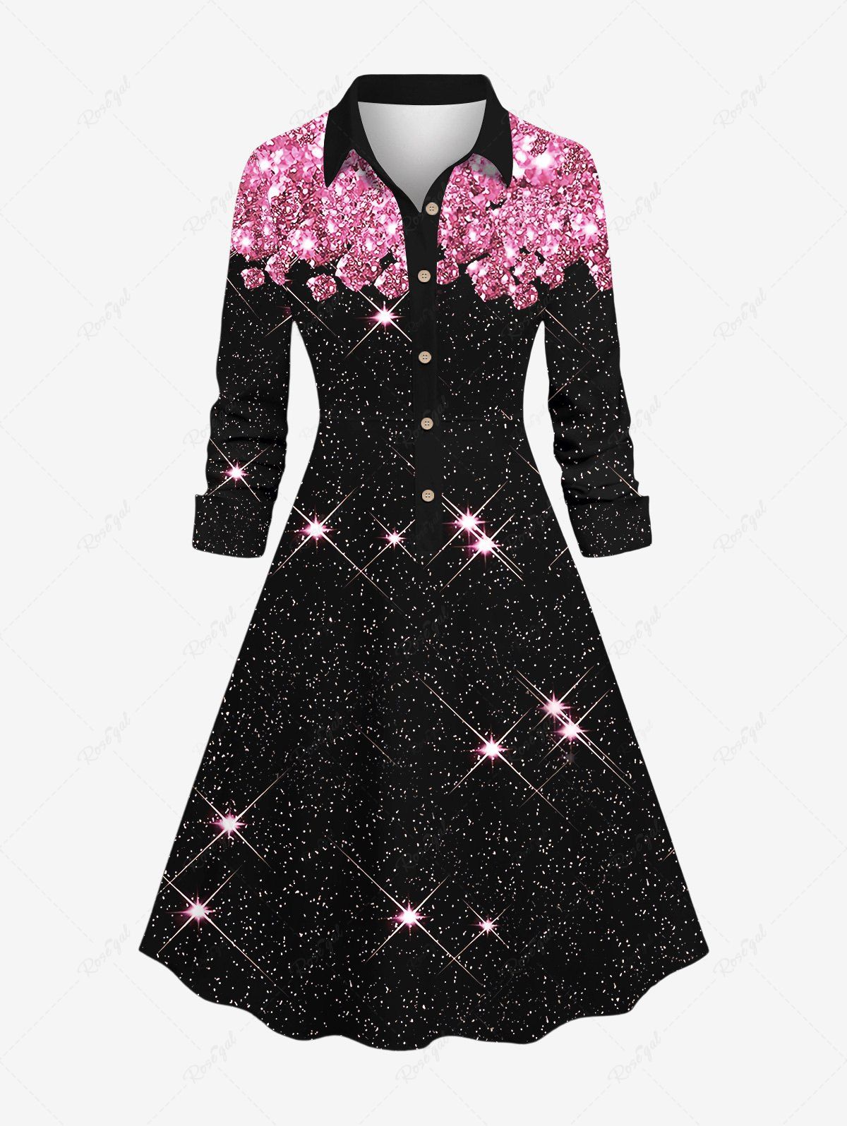 Latest Plus Size Turn-down Collar Glitter Sparkling Galaxy Sequins Rhinestone Print Buttons A Line Shirted Party Dress  