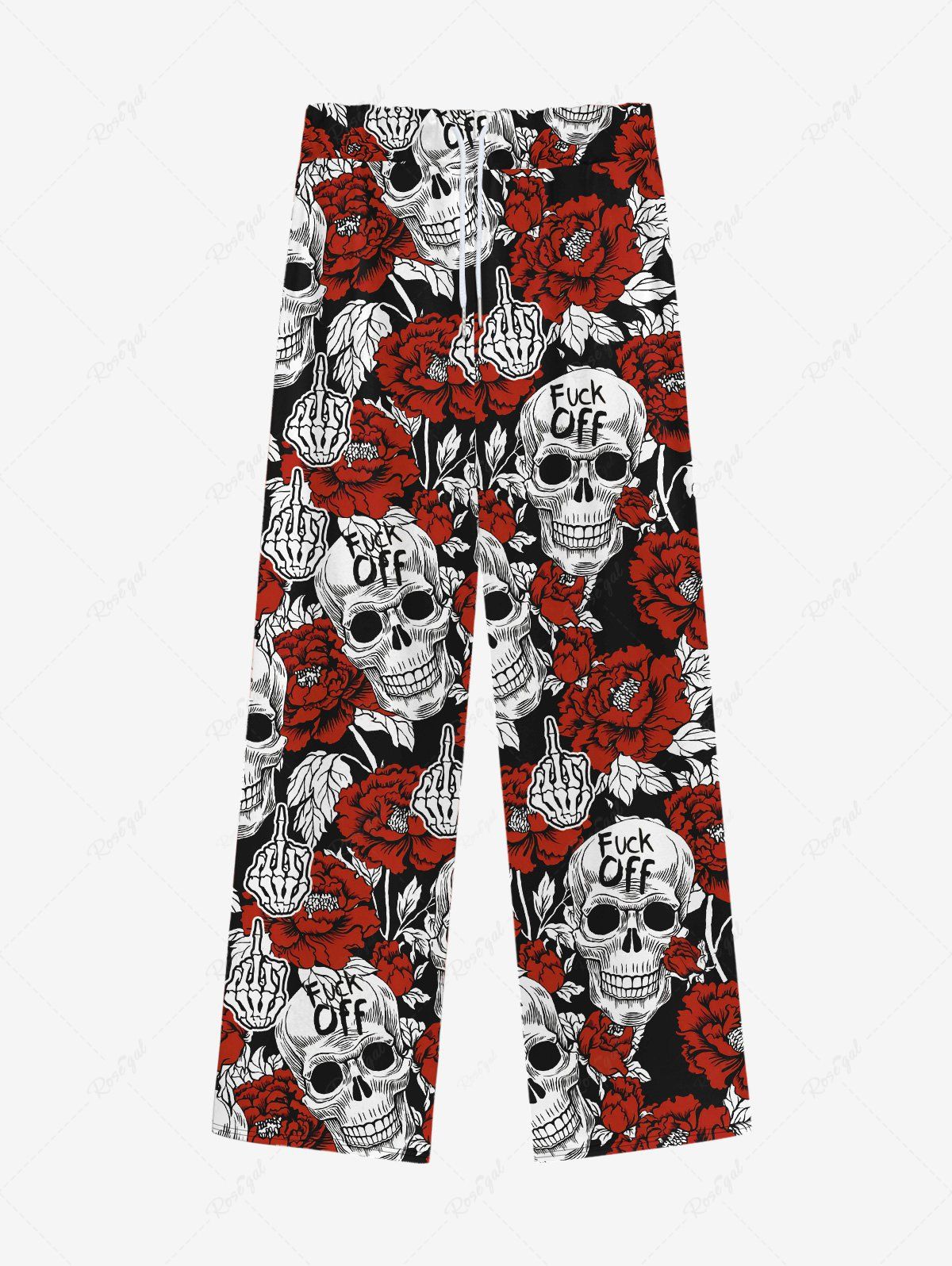 Pantalon de Survêtement à Imprimé Roses et Crâne avec Cordon de Serrage à la Main Style Gothique pour Hommes Rouge 5XL