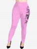 Plus Size Valentine's Day Skulls Rose Flowers Print Leggings -  