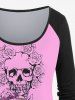 Plus Size Valentine's Day Skulls Rose Flowers Colorblock Print Long Sleeve T-shirt -  