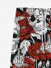 Pantalon de Survêtement à Imprimé Roses et Crâne avec Cordon de Serrage à la Main Style Gothique pour Hommes - Rouge 2XL