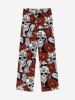 Gothic Skulls Skeleton Hand Rose Flower Letters Print Valentines Drawstring Wide Leg Sweatpants For Men -  