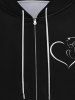 Gothic Cat Heart Print Valentines Pocket Zipper Drawstring Fleece Lining Hoodie For Men -  