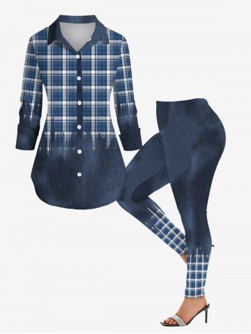 Turn-down Collar Plaid Printed Ombre Buttons Shirt and Leggings Plus Size Matching Set - DEEP BLUE