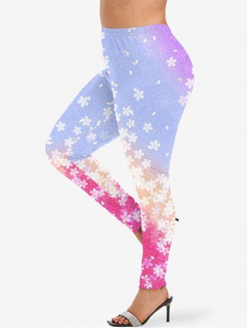 Legging Moulant Ombré Rayé Fleuri Imprimé en Blocs de Couleurs de Grande Taille - MULTI-A - L