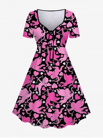 Plus Size Cupid Heart Print Valentines Cinched A Line Short Sleeve Dress