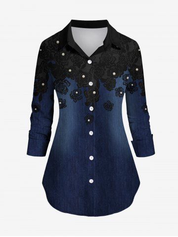 Plus Size Floral Appliques Crystal Denim 3D Print Button Down Shirt - DEEP BLUE - S