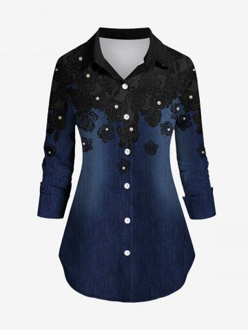 Plus Size Floral Appliques Crystal Denim 3D Print Button Down Shirt - DEEP BLUE - L