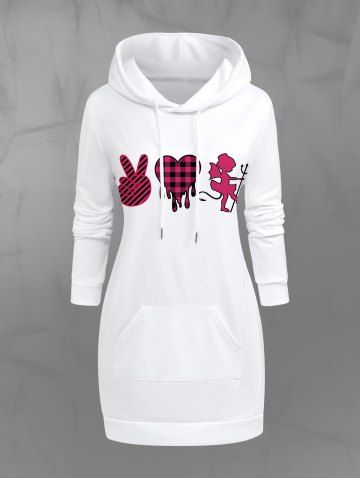 Gothic Plaid Heart Cupid Victory Gesture Print Valentines Pocket Drawstring Pullover Hoodie - WHITE - L