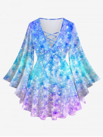 Plus Size Galaxy Ombre Sparkling Sequin Glitter 3D Print Lattice Crisscross Flare Sleeve T-shirt - MULTI-A - 2X