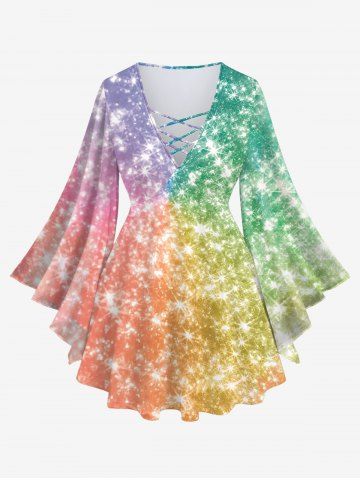 Plus Size Galaxy Ombre Colorblock Sparkling Sequin Glitter 3D Print Lattice Crisscross Flare Sleeve T-shirt - MULTI-A - S