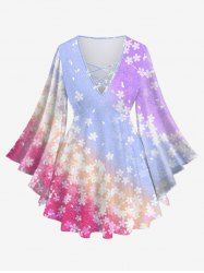Plus Size Flare Sleeves Floral Ombre Striped Colorblock Print Lattice Top -  