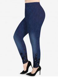 Plus Size Floral Appliques Crystal Denim 3D Print Leggings -  