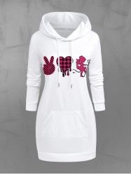 Gothic Plaid Heart Cupid Victory Gesture Print Valentines Pocket Drawstring Pullover Hoodie -  
