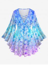 Plus Size Galaxy Ombre Sparkling Sequin Glitter 3D Print Lattice Crisscross Flare Sleeve T-shirt -  