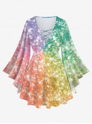 Plus Size Galaxy Ombre Colorblock Sparkling Sequin Glitter 3D Print Lattice Crisscross Flare Sleeve T-shirt -  