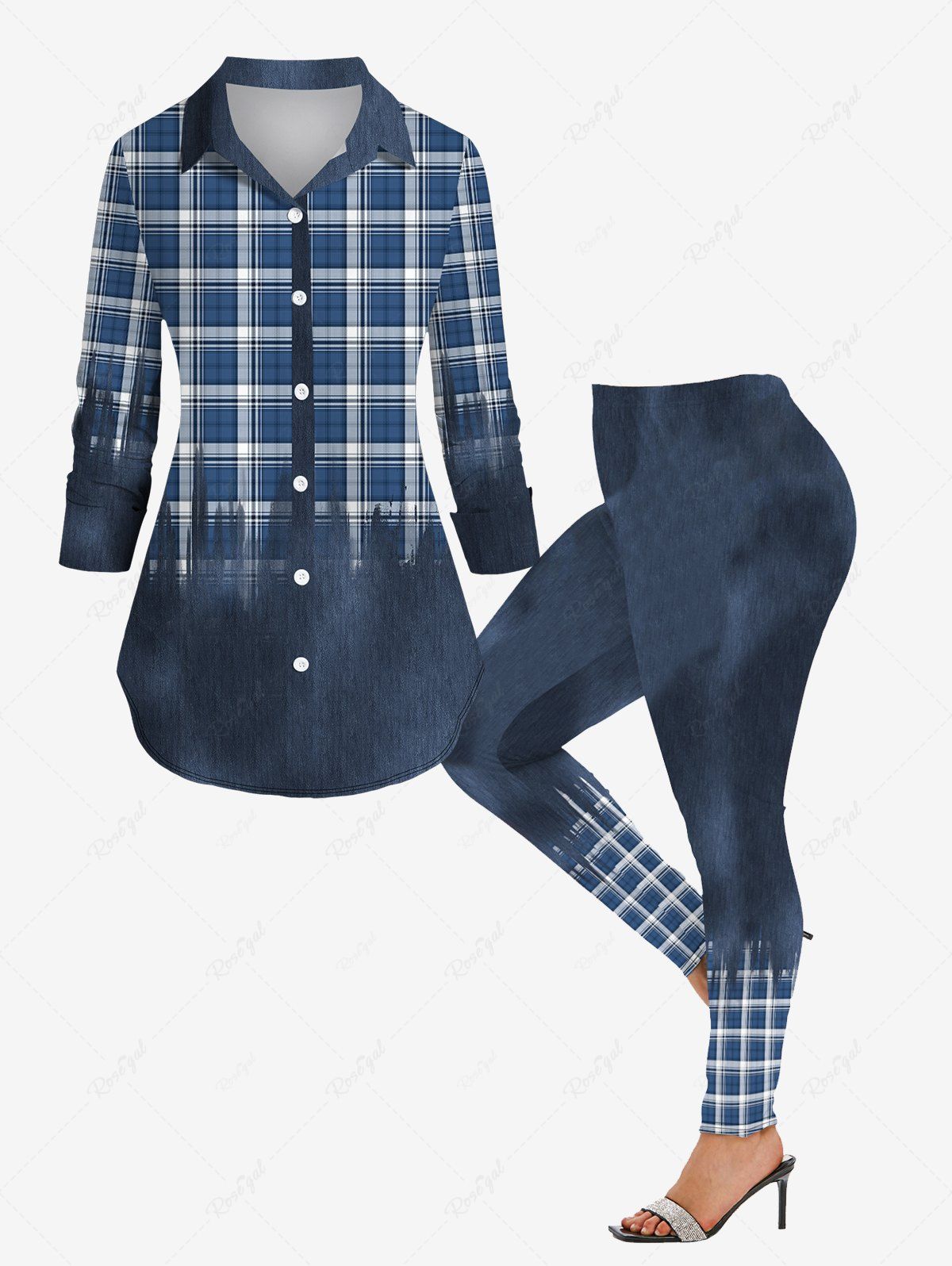 Cheap Turn-down Collar Plaid Printed Ombre Buttons Shirt and Leggings Plus Size Matching Set  