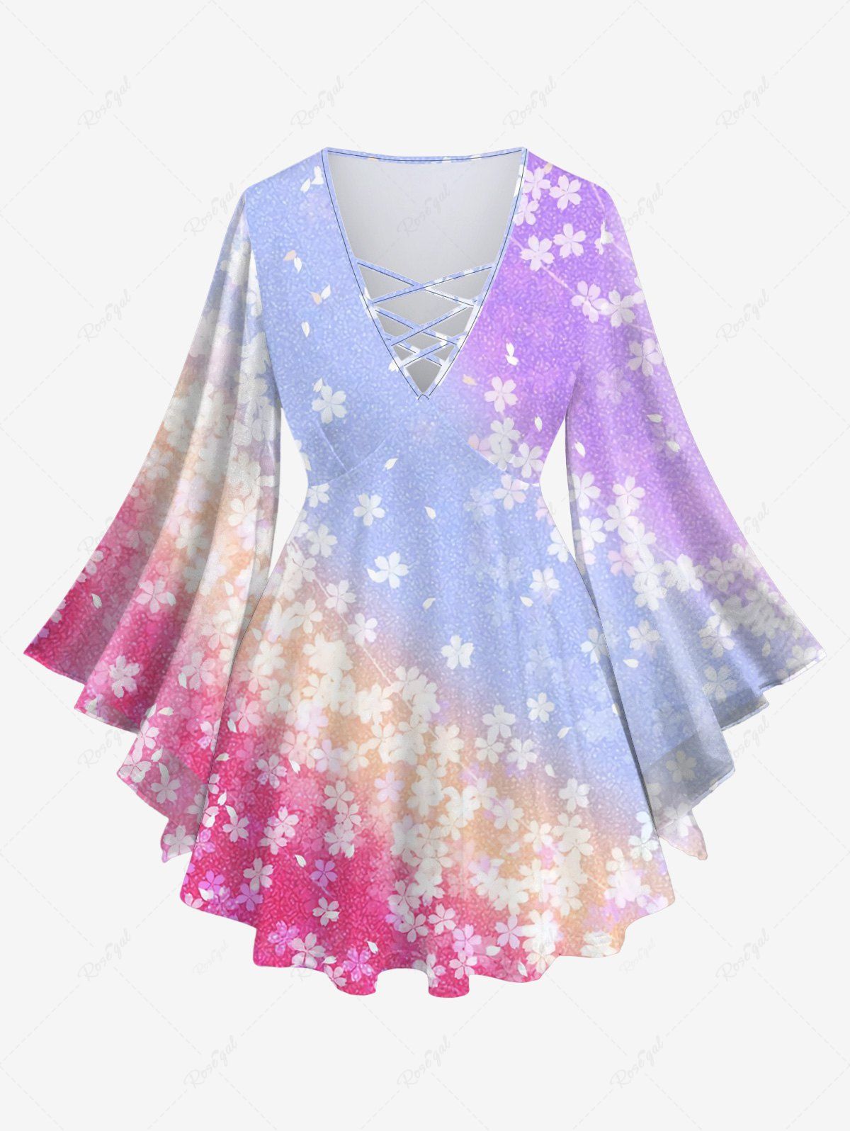 Sale Plus Size Flare Sleeves Floral Ombre Striped Colorblock Print Lattice Top  