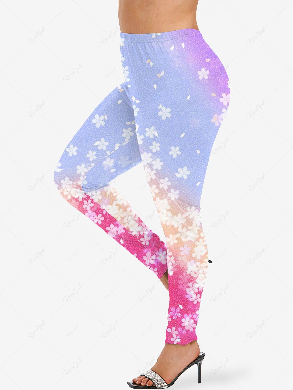Discount Plus Size Floral Ombre Striped Colorblock Print Skinny Leggings  
