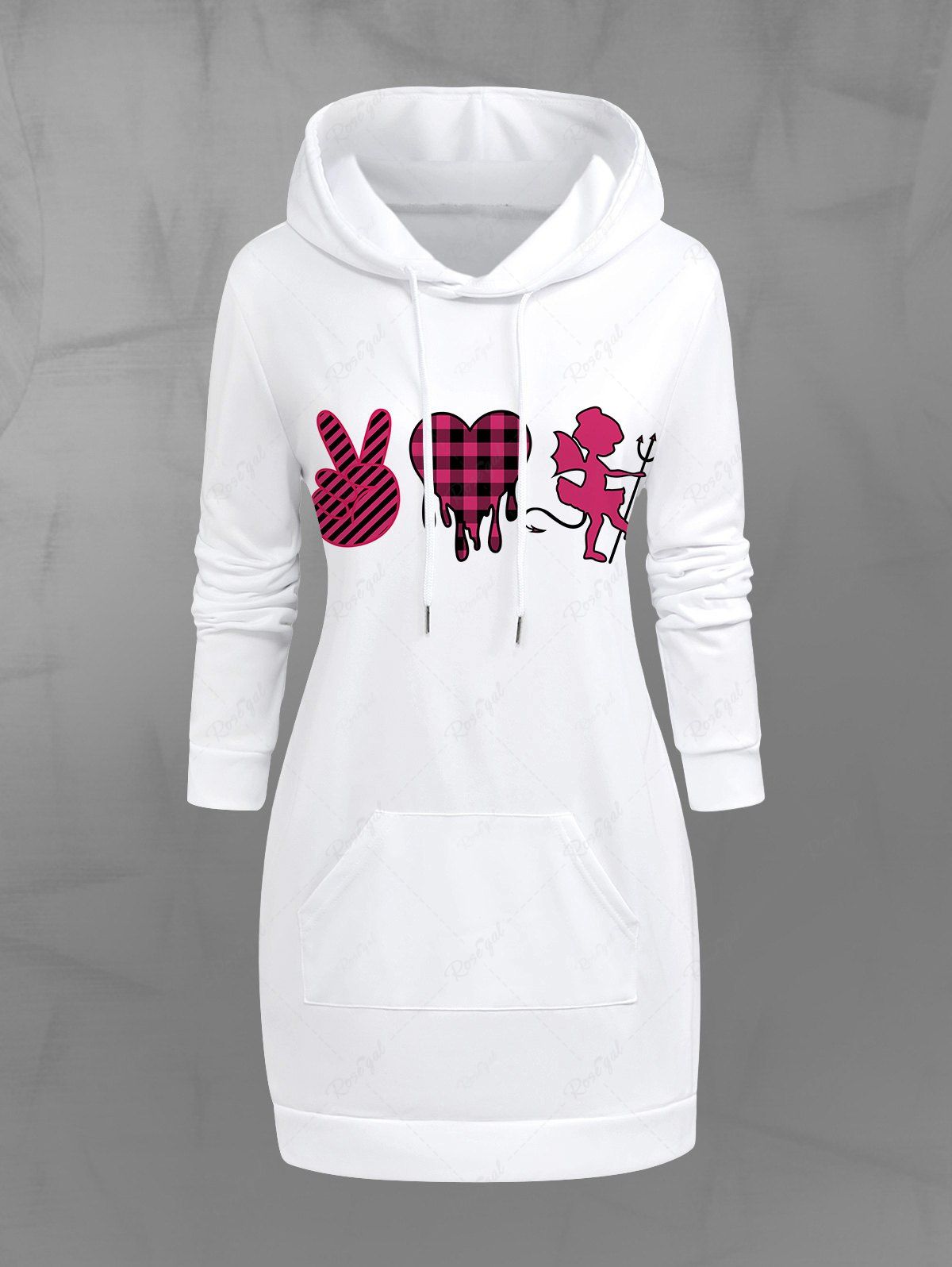 Outfits Gothic Plaid Heart Cupid Victory Gesture Print Valentines Pocket Drawstring Pullover Hoodie  
