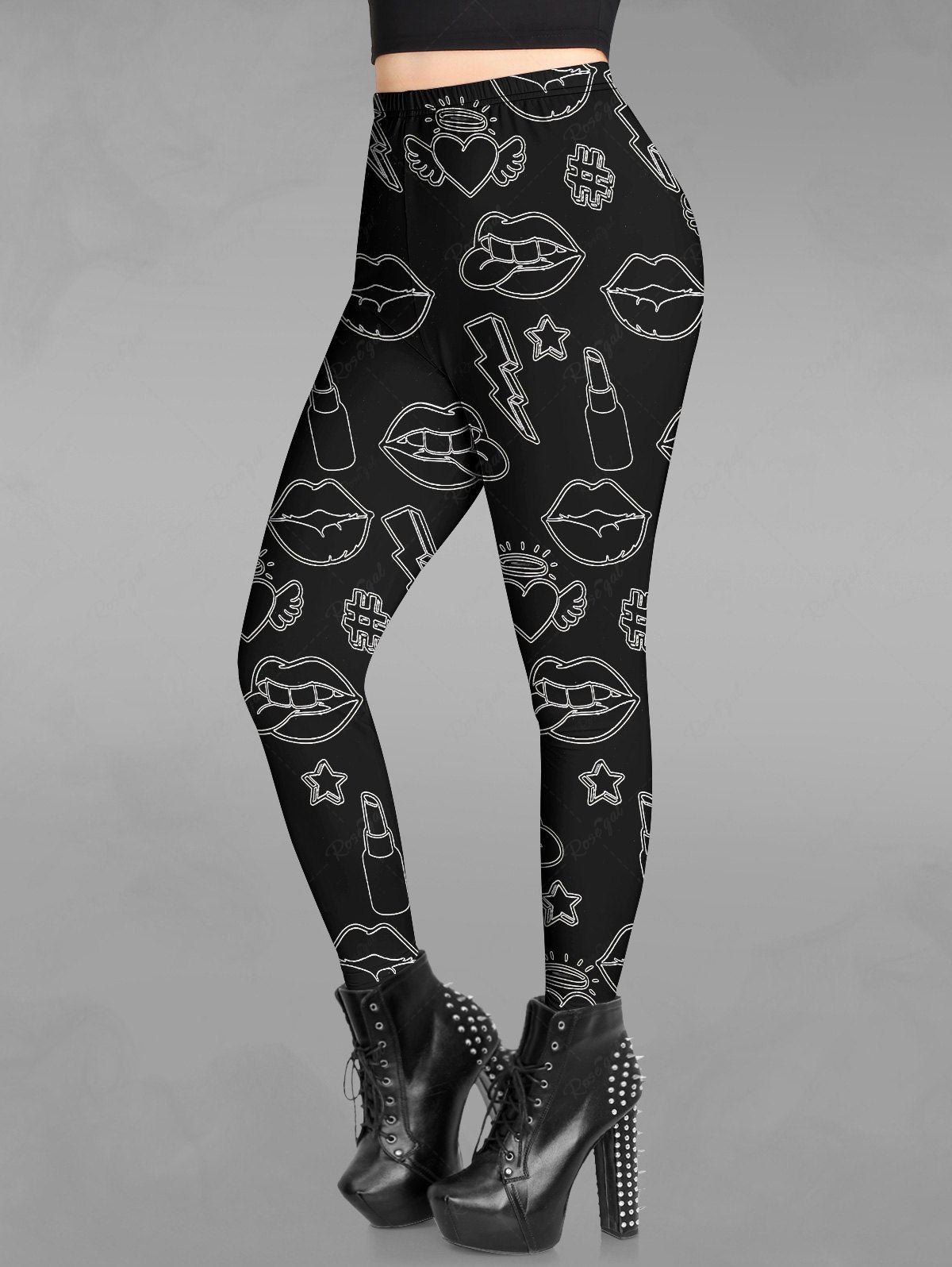 Chic Gothic Lip Star Heart Lipstick Lightning Print Valentines Skinny Leggings  